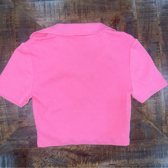 Zara Pink Collared V- Neck Ribbed Cropped Cotton Top Short Sleeve Women Sz M - Picture 3 of 8